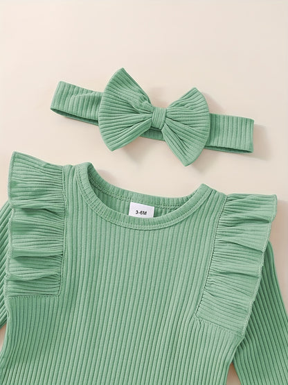 3pcs Baby Girl Outfit Set, Cute Ribbed Ruffle Long Sleeve Romper & Pants, 95% Cotton 5% Spandex, Crew Neck Pullovers, Solid Color, Regular Fit, No Belt, Fall/Winter Knit Fabric, 0-18 Months, for Outdoor