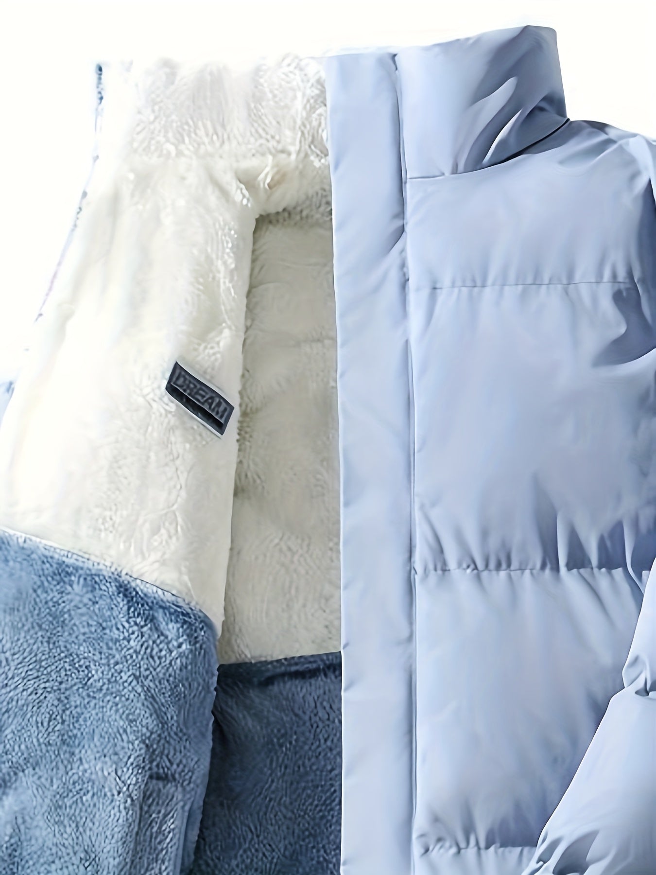 Տղամարդու երկկողմանի բրդյա ծածկույթով հաստ բաճկոն՝ առօրյա կանգնած օձիքով՝ տառերի տպագրությամբ, սովորական չափսերով, գրպաններով, պոլիեսթերային լցոնով, բազմակողմանի աշուն/ձմեռ համար, ձմեռային բաճկոն