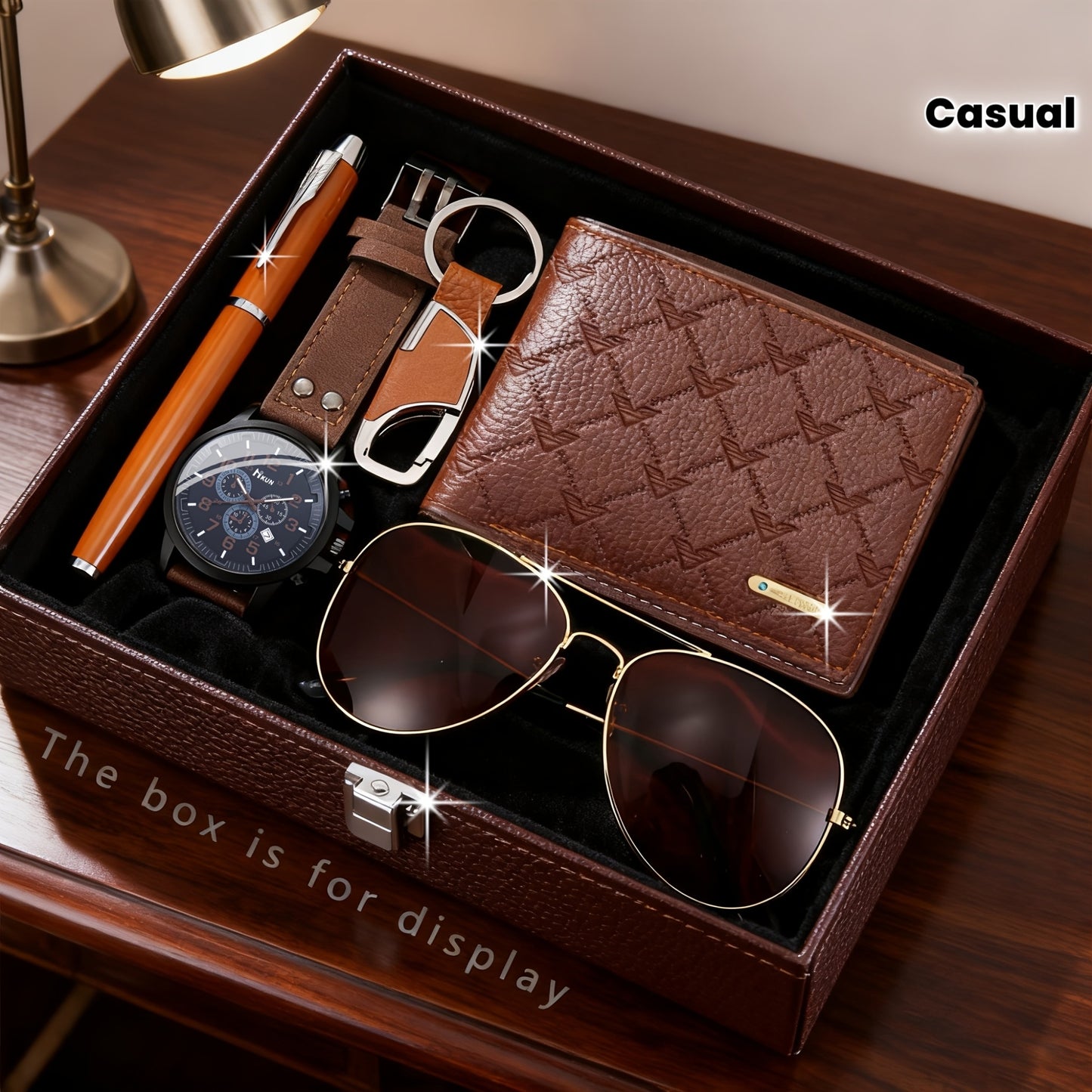 5pcs Men's Luxury Brown Watch & Accessory Gift Set - Elegant Quartz Watch with Matching Wallet, Pen, Keychain & Fashion Glasses for Dad, Business or Casual Outfits - Perfect Christmas, Father's Day Present (Sophisticated Time