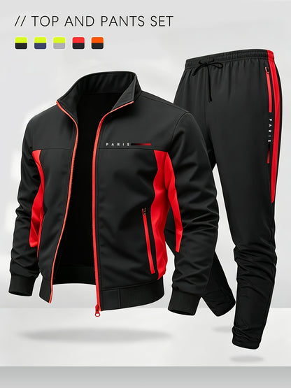 Men's Color Block Sportswear Set with Stand Collar Jacket & Pants