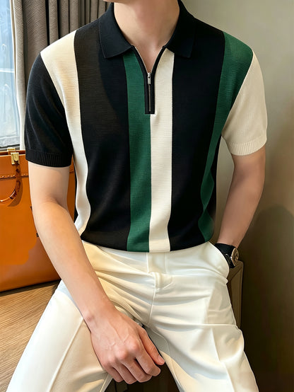 Men's Summer Short-Sleeve Polo Shirt with Zipper Lapel