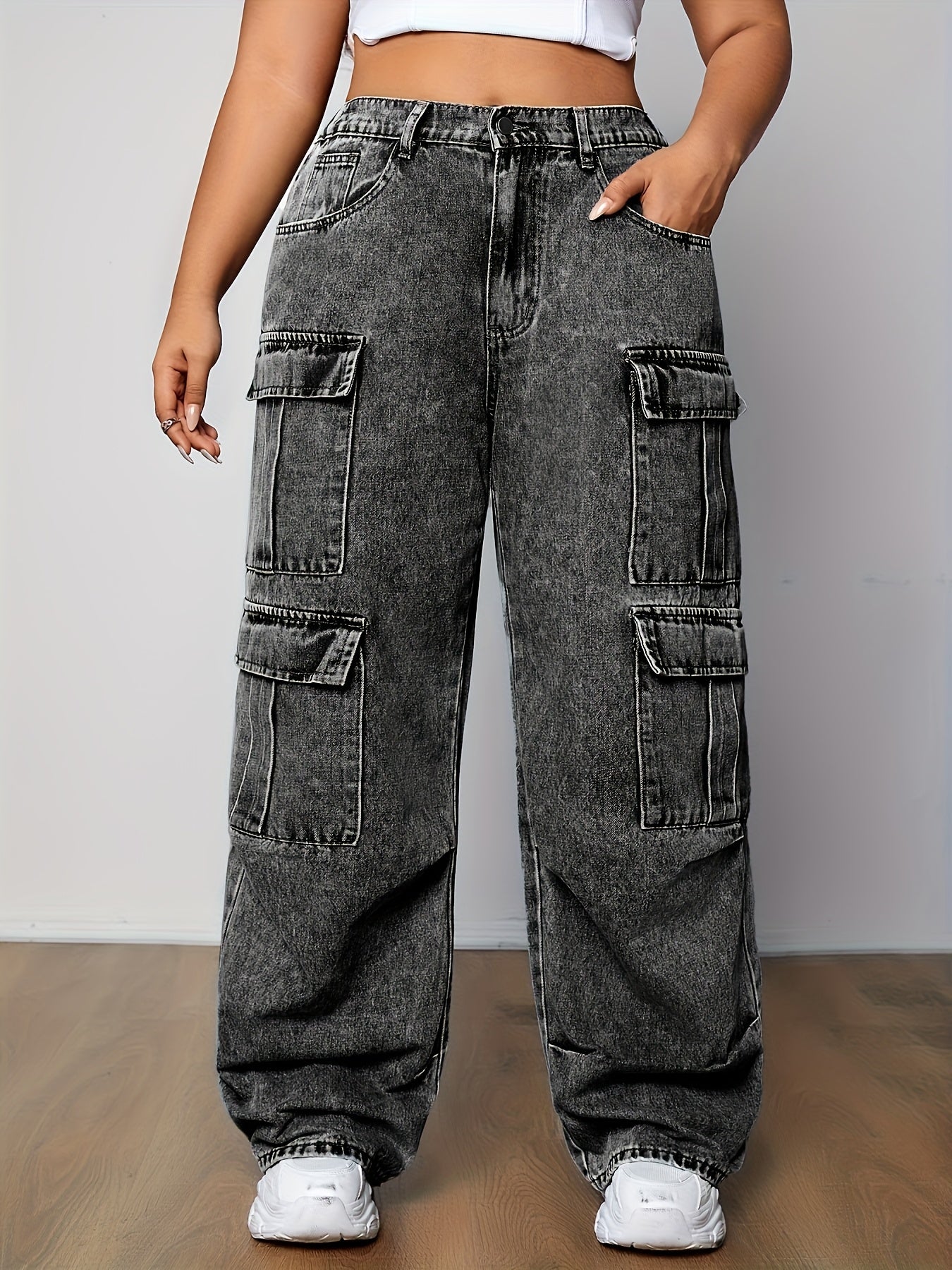 Women's Plus Size Casual Cargo Jeans with Multiple Pockets - High-Rise, Loose Fit Denim in Black, Light Blue & White, Perfect for Casual Attire, Casual Denim Wear | Utility Style Pants | Smooth Texture Jeans