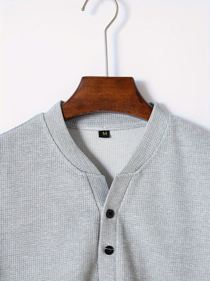 Men's Solid Waffle Stand Collar Short Sleeve Golf Shirts, Casual Style Slight Stretch Regular Fit Summer Tops, Summer Golf Shirts