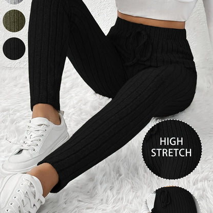High-Waisted Drawstring Skinny Knitted Pants For Everyday Wear - Solid Color Women's Casual Clothing