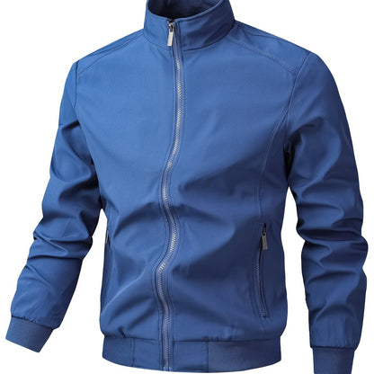 Men's Casual Royal Blue Bomber Jacket - Full Zip, Loose Fit, Polyester, Stand Collar, Long Sleeve, Lightweight & Durable for Spring and Fall, Casual Outerwear | Ribbed Cuff Sleeves | Durable Outerwear