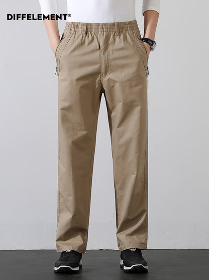Men's Cotton Casual Trousers with Elastic Waist and Zipper Pockets