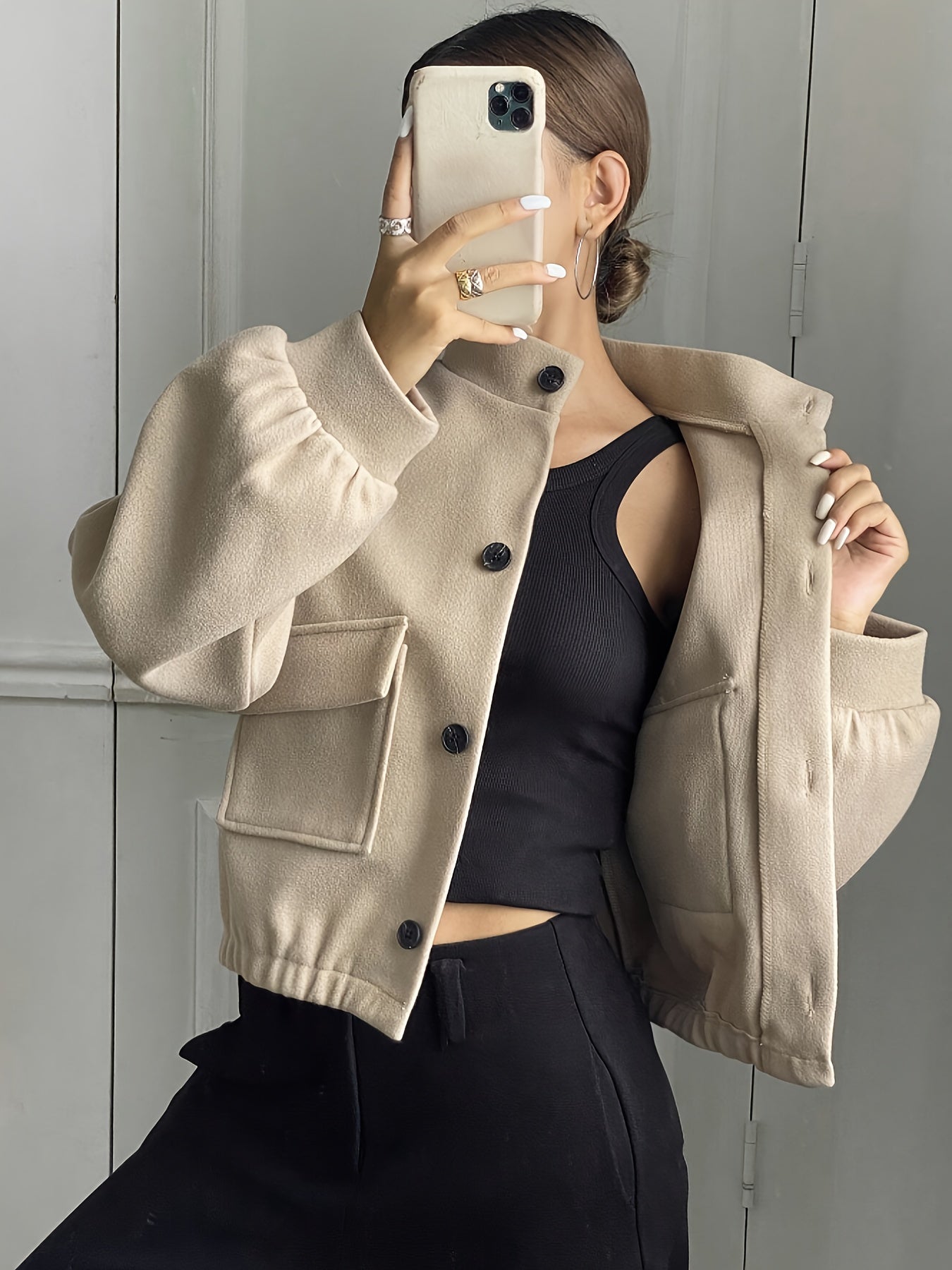 Women'S Elegant Brown Fleece Jacket - Winter Coat with Single-Breasted Button Front, Long Sleeve Tunic Length, Machine Washable & Wrinkle-Resistant, Cozy Outerwear For Fall/winter, Casual To Formal Events, Winter Jacket For W