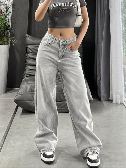 Women'S Casual Mid-Waist Wide Leg Jeans, 76% 13% Viscose 11% Polyester, Non-Stretch Denim, Solid Color, Washed Finish, Long Length, Zipper Fly, All Seasons, Woven Fabric, 390g/m² - Trendy Retro Loose Fit