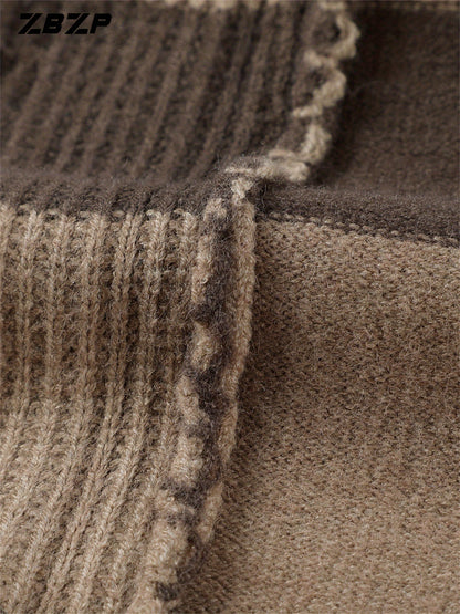 ZBZP Men'S Casual Striped Knit Sweater - Dark Gray & White Horizontal Stripes, Round Neck Long Sleeve, Regular Fit, Autumn Winter Warm Pullover for Casual Attire, Knit Sweater, Comfortable Fashion, Soft Texture, Cold Weather