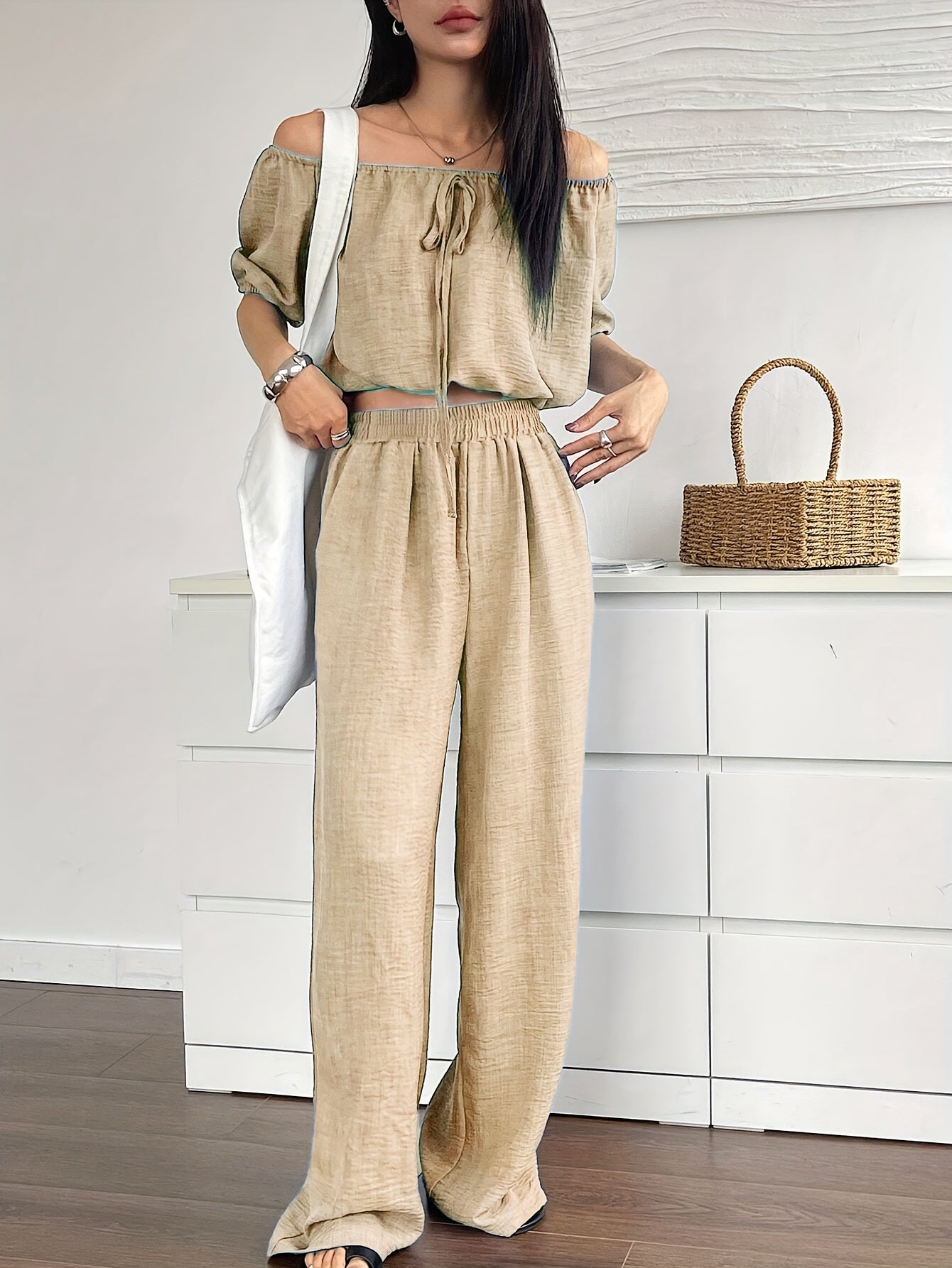 Women's Summer Solid Color Off-Shoulder Puff Sleeve Crop Top and Loose Wide-Leg Pants Two-Piece Set - ayq