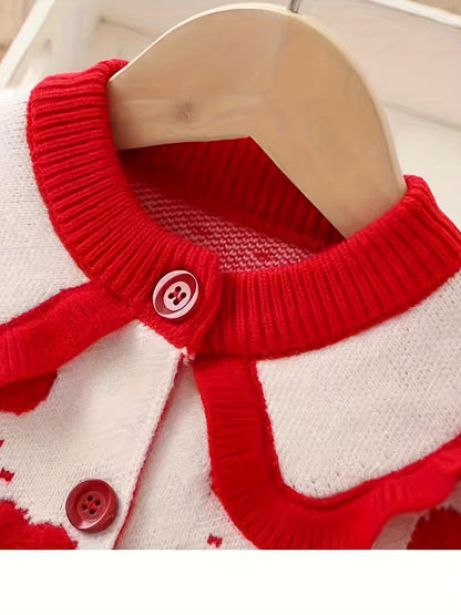 Աղջիկների կարմիր և սպիտակ տրիկոտաժե զգեստ՝ ծալքավոր օձիքով և սրտիկ նախշերով - Նեղ չափսի, բոլոր եղանակների հարսանեկան երեկույթի հանդերձանք, առաձգական կոճակներով առջևի կրծկալ և լայն բացվածքով Նոր տարվա ներկայացումների համար (մինչև)