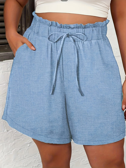 Relaxed Style| Women's Light Blue Faux Denim Casual Shorts - High-Waisted, Loose Fit with Drawstring, Summer Wash-Free Polyester Shorts for Everyday Comfort, Summer Casual Wear|Drawstring Shorts|No Stretch Fabric, High Waiste