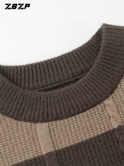 ZBZP Men'S Casual Striped Knit Sweater - Dark Gray & White Horizontal Stripes, Round Neck Long Sleeve, Regular Fit, Autumn Winter Warm Pullover for Casual Attire, Knit Sweater, Comfortable Fashion, Soft Texture, Cold Weather