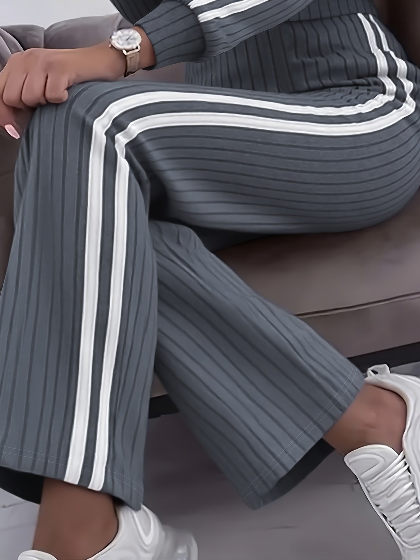 Women'S Stylish Casual Zip-Up Round Neck Ribbed Cardigan with Loose Straight Pants, a Two-Piece Casual Outfit - ayq