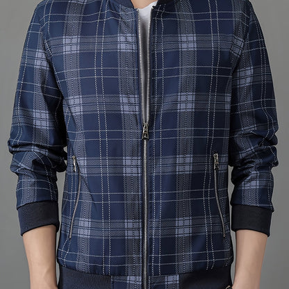 Men's Lightweight Baseball Jacket - Navy Blue & Black Plaid Zip-Up Coat, Non-Stretch Fabric for Formal & Casual Outfits - Spring/Fall Outerwear Jacket, Outdoor Wear, Classic Collar, Quality Stitching, Stylish Coat, Fashioncon