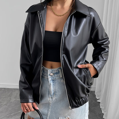 Կանացի ոճային սև բաճկոն՝ գարնանային/աշնանային ամենօրյա կայծակաճարմանդով, օձիքով, երկար թևքերով և կողային գրպաններով