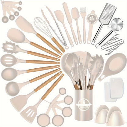 43pcs Non-Stick Cookware Storage Bucket with Wooden Handles, Silicone Kitchen Utensils, Easy-To-Clean Kitchen Tools, Spatula And Spoon Set.