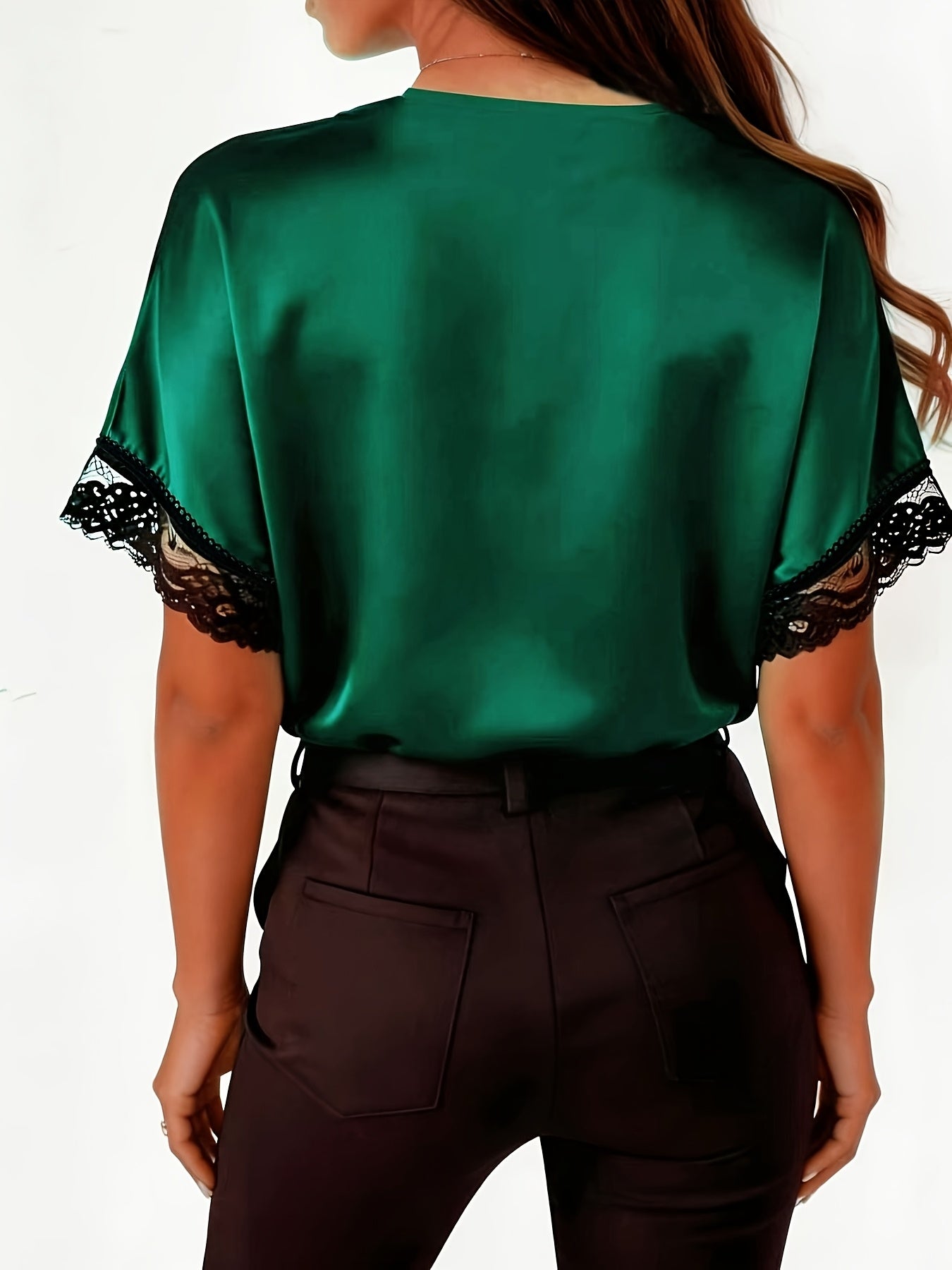 Elegant Black Lace Trim V-Neck Polyester Top