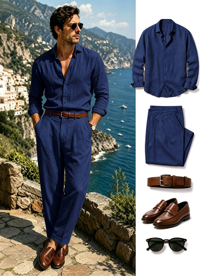 Men's Lightweight Linen Long-Sleeve Shirt & Pants Set for Spring/Fall