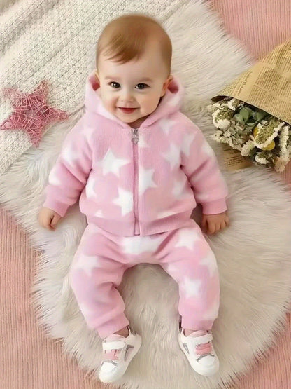 Newborn Cute Baby Girl Autumn and Winter Season, Thickened Plush Newborn Cartoon Star Pattern Hooded Zipper Long Sleeve Warm Top + Star Pattern Plush Warm Pants Set. Essential for Outdoor Travel and Home Use, Recommended Gift