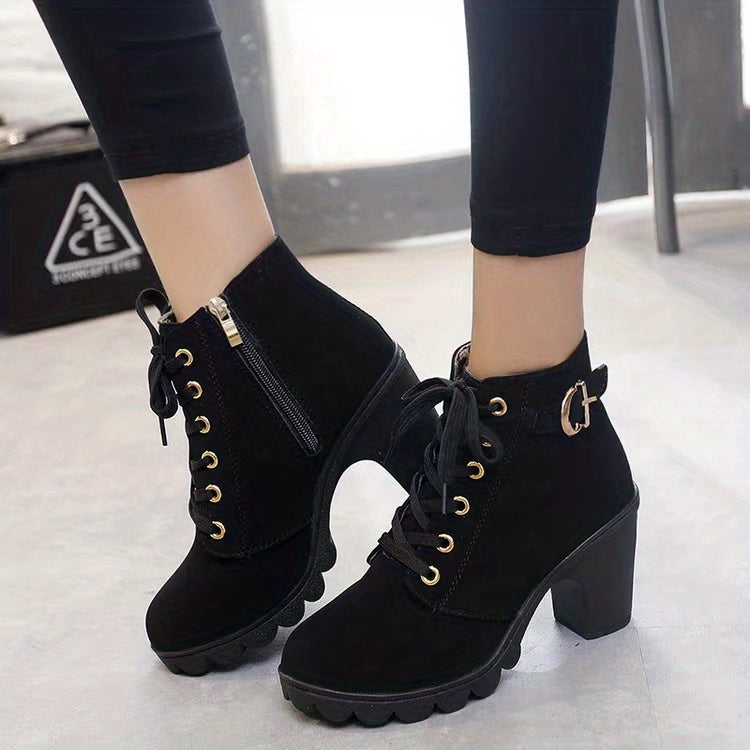 Women's Block Heeled Short Boots, Casual Lace Up Side Zipper Boots, Comfortable Ankle Boots