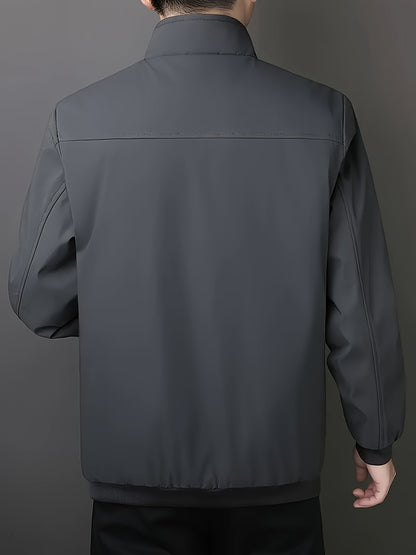 Men's Fleece-Lined Zip-Up Jacket - Casual Stand Collar, Outdoor Sports Coat with Pockets, Machine Washable
