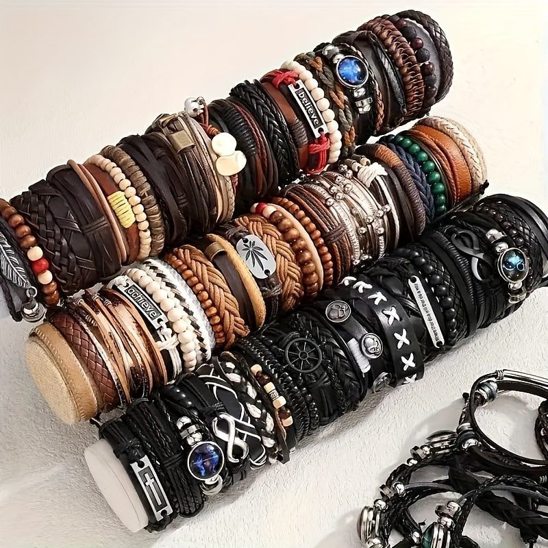 4/18/36 հատ վինտաժային նորաձևության արհեստական ​​կաշվե ապարանջան՝ արևմտյան փանկ ոճի ուլունքավոր ապարանջանով, ձեռագործ, ինքնուրույն պատրաստված պատահական ոճերով