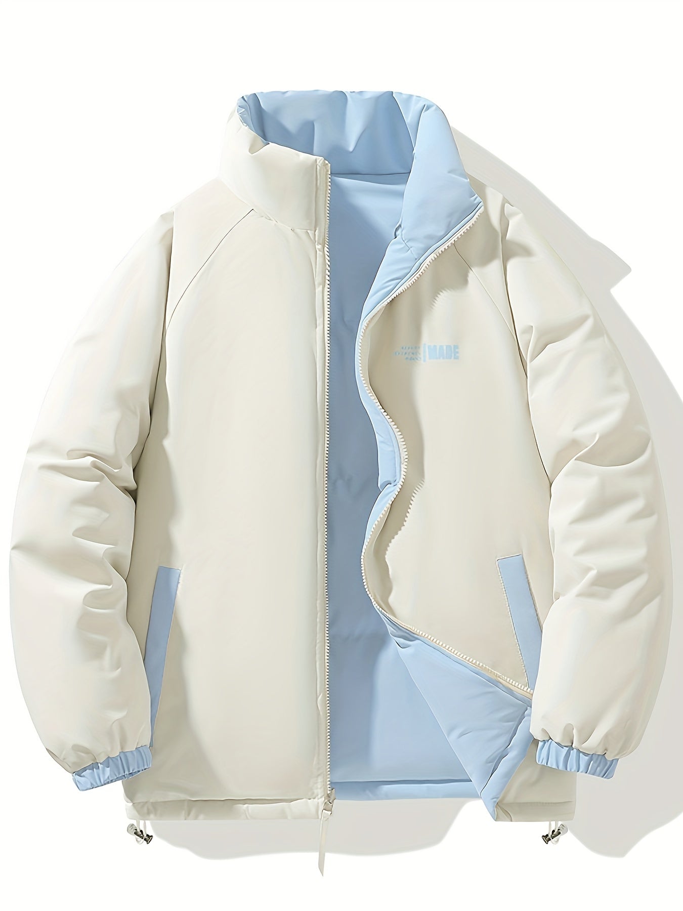 Տղամարդու երկկողմանի ձմեռային բաճկոն՝ հաստացված, կանգուն օձիքով, կայծակաճարմանդով և «MADEASURABLE» և «I CONUT» գրությամբ, սև և սպիտակ, սովորական չափսի՝ աշնանային և ձմռան համար, աշնանային վերնազգեստ, համարձակ գրություն, դիմացկուն գործվածք