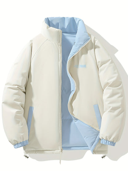 Տղամարդու երկկողմանի ձմեռային բաճկոն՝ հաստացված, կանգուն օձիքով, կայծակաճարմանդով և «MADEASURABLE» և «I CONUT» գրությամբ, սև և սպիտակ, սովորական չափսի՝ աշնանային և ձմռան համար, աշնանային վերնազգեստ, համարձակ գրություն, դիմացկուն գործվածք