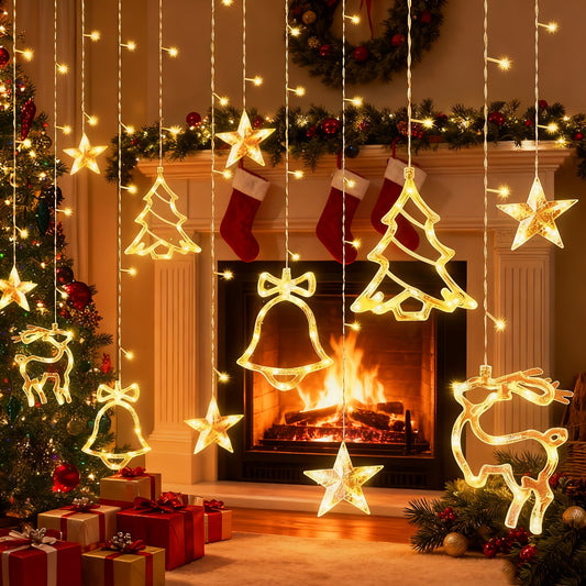 Christmas Decoration Icicle Curtain Lights, Window Wall Hanging String Light, USB Plug in Bell/Reindeer Fairy Lamp, Halloween/Ramadan Decor for Bedroom Living Room Backdrop Wedding Party Indoor Xmas Tree Dorm Fall Home Decor