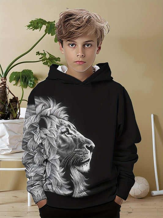 Տղաների 3D Lion Print Hoodie - Հարմարավետ պոլիեսթեր խառնուրդ, սովորական երկարաթև պուլովեր գլխարկով, լվացվող մեքենայով, կատարյալ գարնան և աշնան համար, հիմնական գլխարկով: