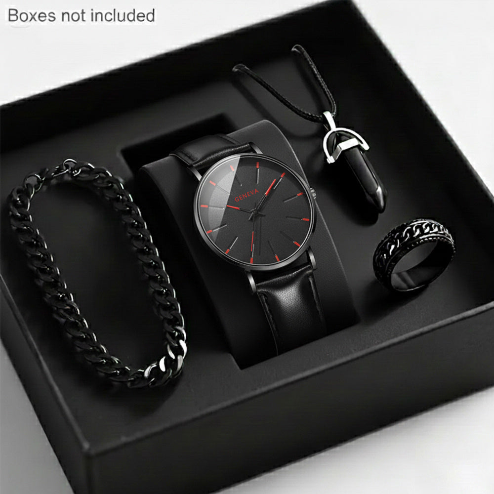 Men'S Luxury Quartz Wristwatch and Jewelry Set | Black Analog Watch with Dual Display, Includes Matching Bracelet, Necklace, and Ring - Ideal for Birthdays, Christmas, Ramadan