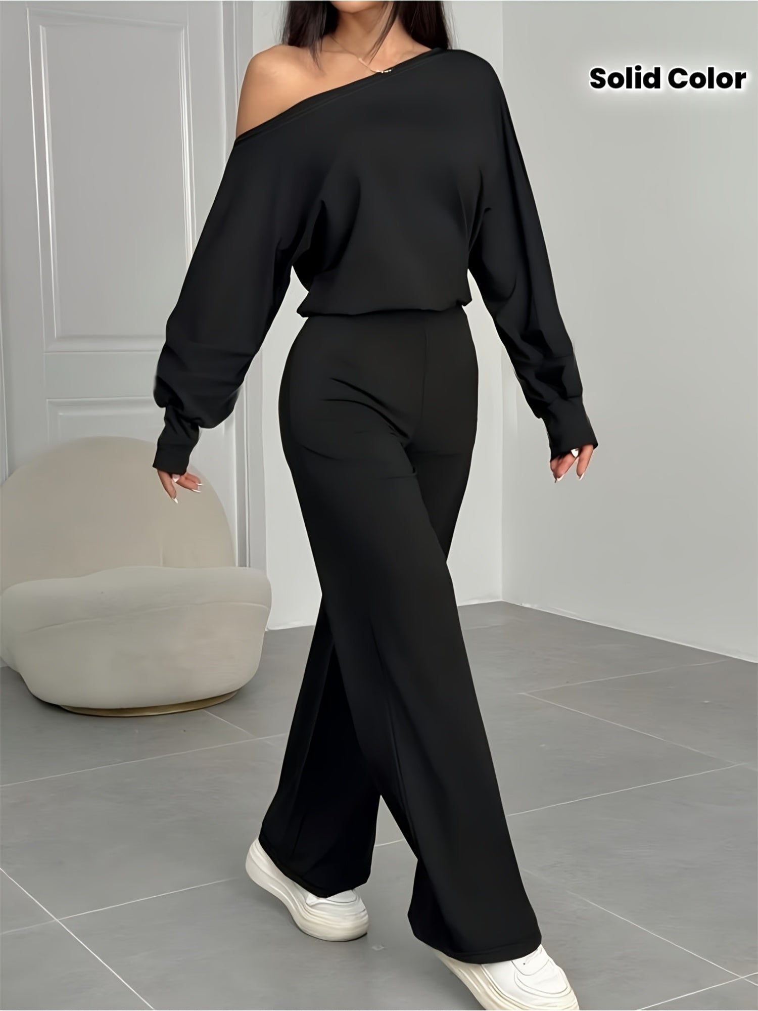 Women'S Asymmetrical Off-Shoulder Top With Bell Sleeves And Straight Pants Set | Solid Color, Elastic Comfort, Ideal For Parties And Street Style - ayq