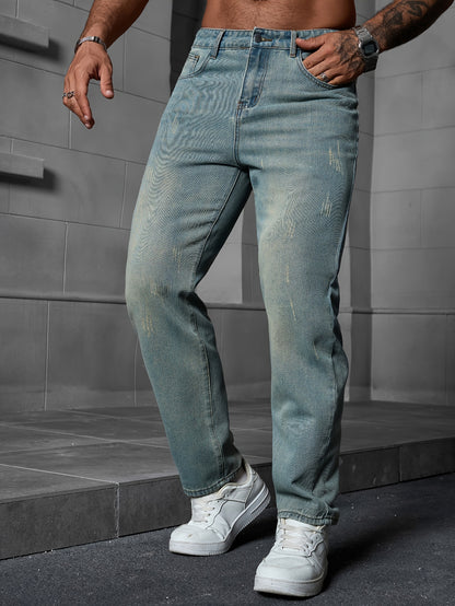 Men's Regular Fit Distressed Denim Jeans - Light Grey, Blend, Machine Washable, Year-Round Comfort & Style