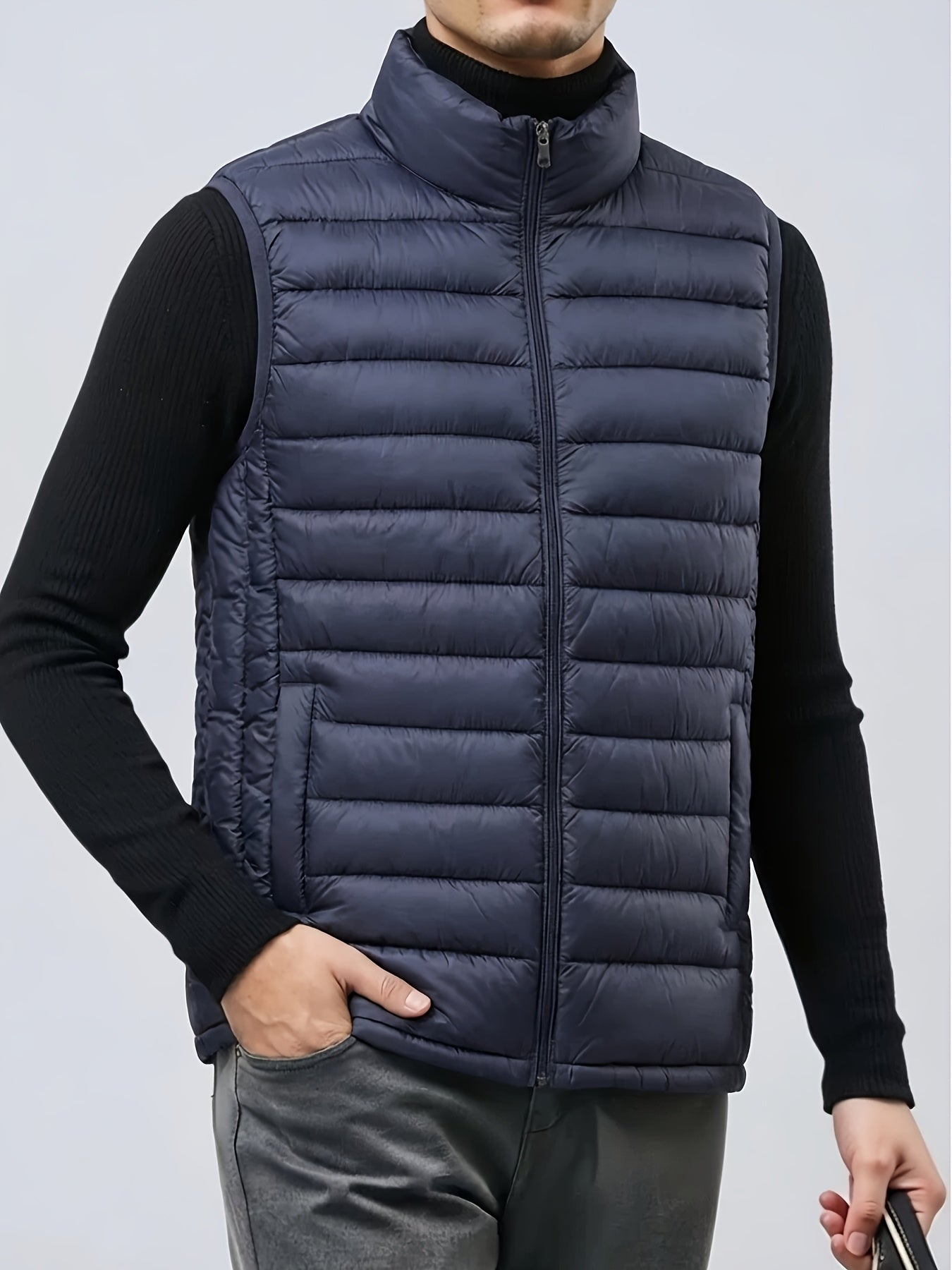 Men's Lightweight Polyester Jacket with Stand Collar & Pockets