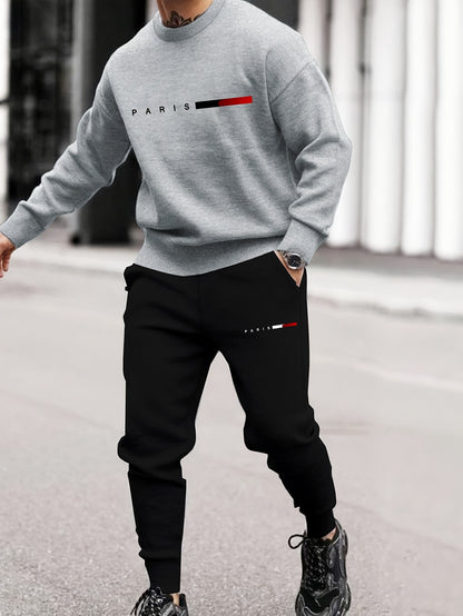 Men's Casual Sports Sweatshirt Set, Loose Fit Pullover Hoodie with Print, Polyester Blend, Round Neck, Stretch Knit, Autumn/Winter Collection