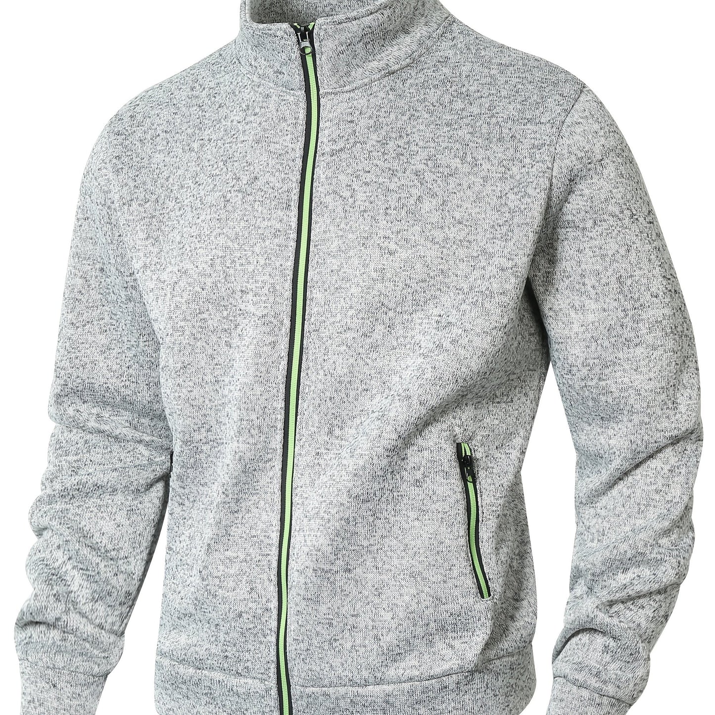 Men's Sporty Full-Zip Stand Collar Sweatshirt - Long Sleeve Casual Pullover with Neon Green Accents, Solid Color Non-Stretch Fabric, Regular Fit for Fall Winter