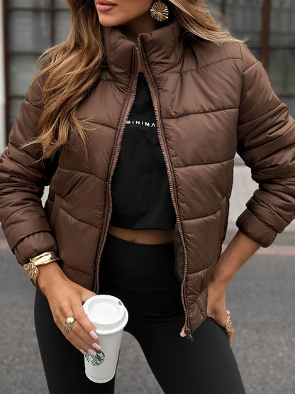 Women's Quilted Brown Heavyweight Winter Jacket with Full Zip