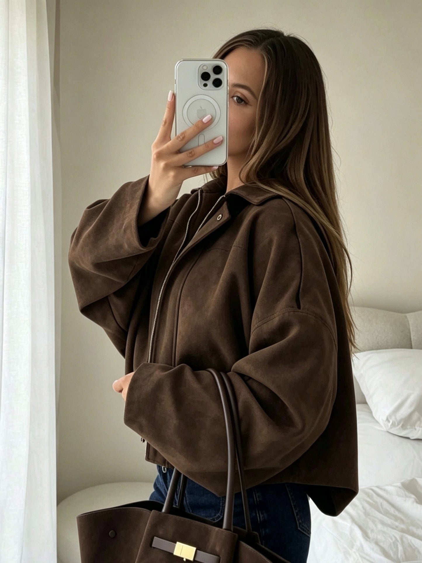Women’s Casual Solid Color Drop Shoulder Jacket with Zipper
