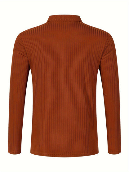 Men's Casual Sports Ribbed Long Sleeve Zipper Lapel Golf Shirt, Spring And Fall