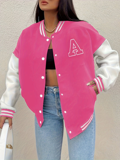 Կանացի առօրյա երկարաթև բեյսբոլի բաճկոն «A» տառի դետալով - սև և բեժ երկգույն դիզայն, կոճակներով առջևի մաս, գրպաններ, աշուն/ձմեռ նորաձև վերնազգեստ, աշուն-ձմեռ հագուստ | կոճակներով բաճկոն | ֆունկցիոնալ գրպաններ