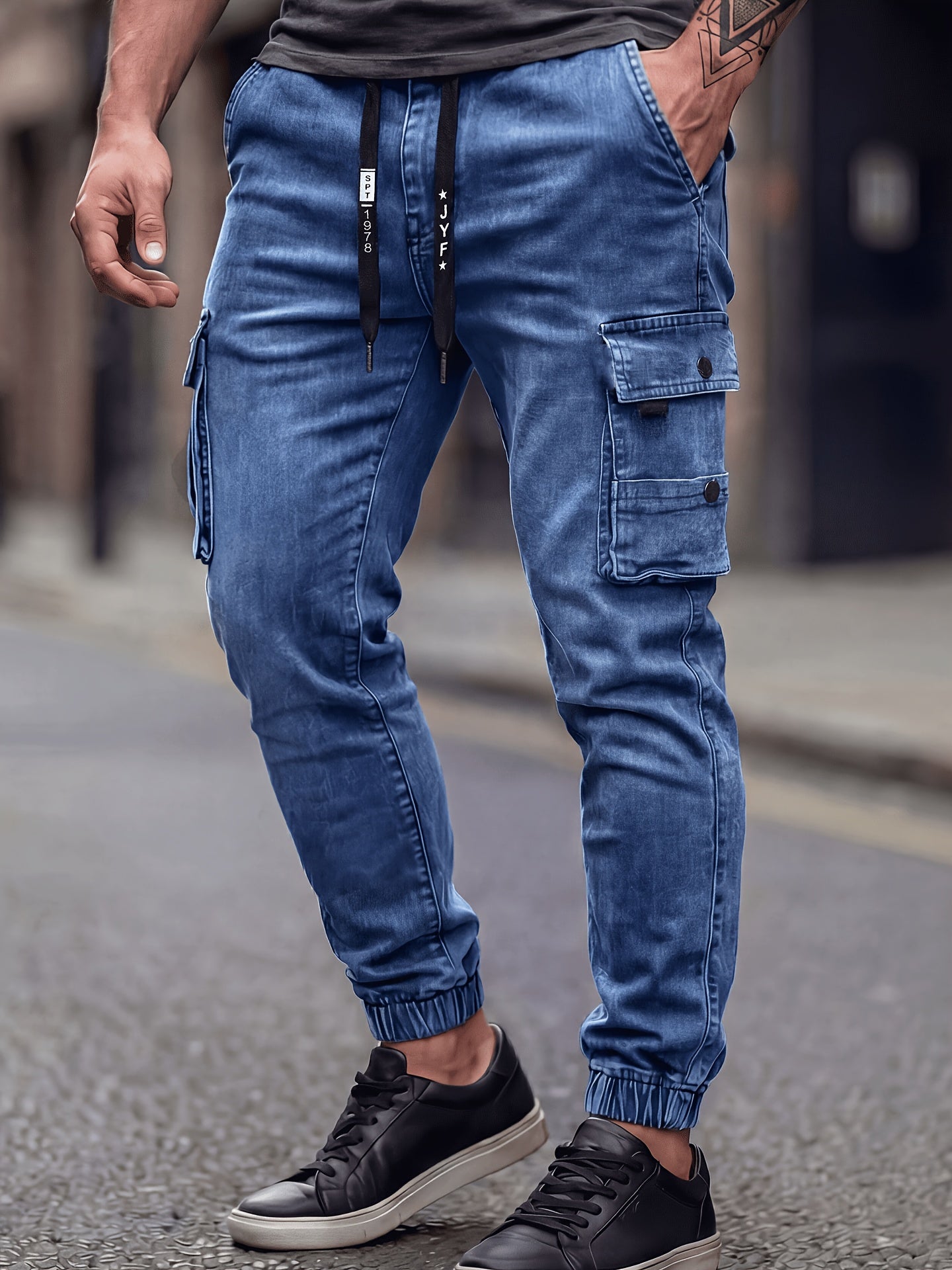 Men's Slim Fit Denim Cargo Pants with Elastic Waistband