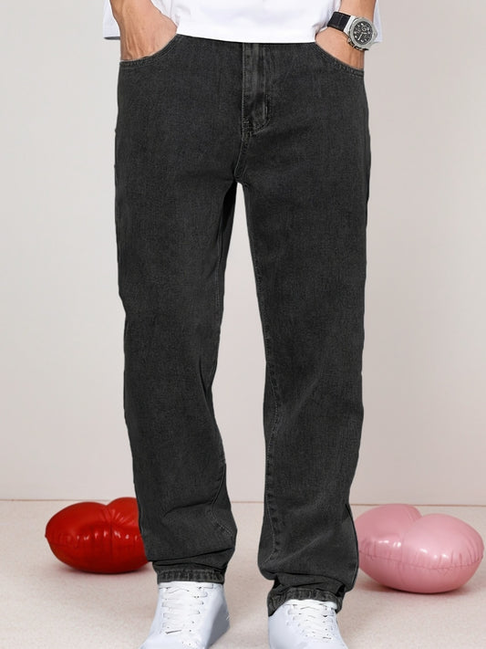 Men's Classic Straight Leg Denim Jeans - Loose Fit, Cotton Blend, Solid Color Black, Street Style, Comfortable & Versatile for All Seasons, Casual Streetwear|Street Style Pants|Nonstretch Fabric