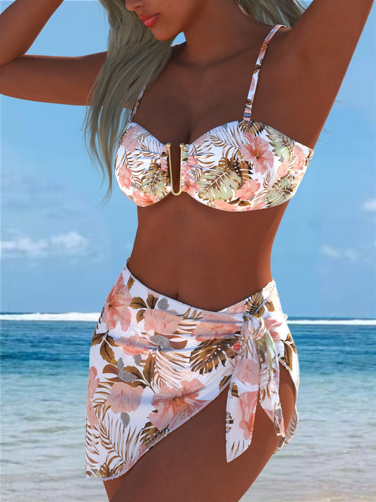Women's Elegant Three-Piece Swimwear Set with Random Print - ayq