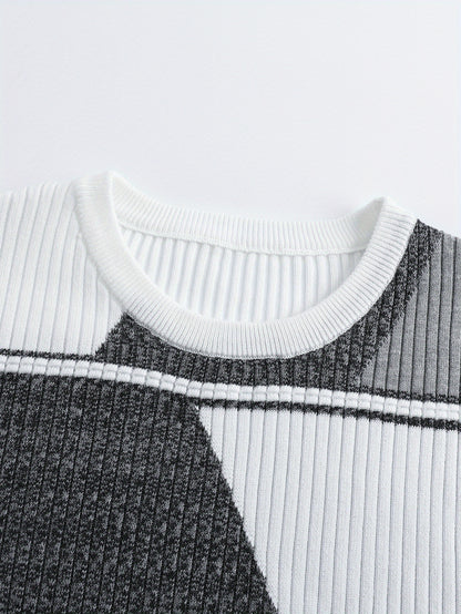 Men'S Casual Long Sleeve Crew Neck Sweater - Geometric Stripe Pullover with, Stripes, Medium Stretch Knit Sweater for Fall/Winter