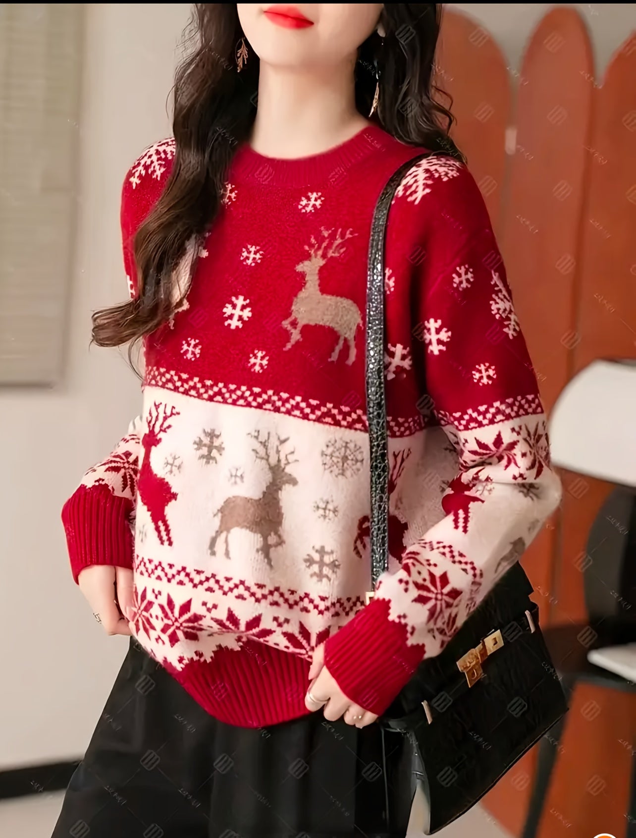 Women's Elegant Red & White Winter Sweater with Nordic Reindeer & Snowflake Pattern - Cozy Sweater for Christmas, New Year's Eve, Valentine's Day - Machine Washable Long Sleeve Round Neck Sweater in Red, White, Brown & Black
