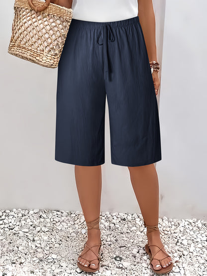 Women's Casual Solid Color Polyester Shorts with Faux Drawstring