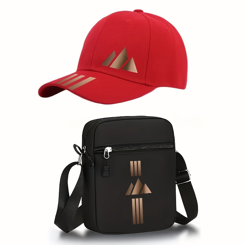 Unisex Curved Brim Baseball Cap & Crossbody Bag Set with Geometric Pri