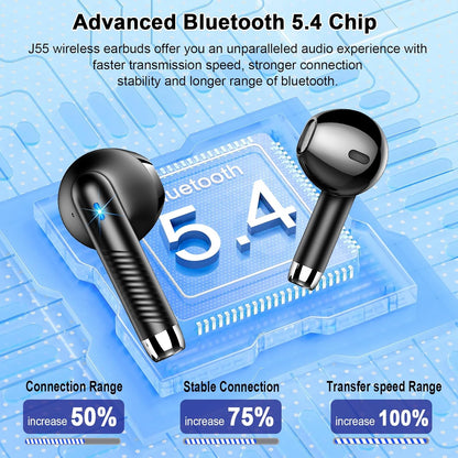 Wireless Earbuds, Bluetooth Headphones V5.4 Stereo Bass Ear Buds with ENC Noise Cancelling Mics, 40H Bluetooth Earbuds with LED Display Charging Case, IP7 Waterproof Earphones for Android Ios, Black