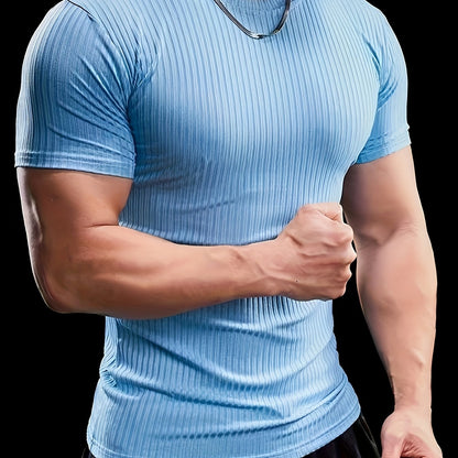 Men's Stretch Fit Short Sleeve T-Shirt - Breathable, Comfortable Polyester Blend, Solid Blue, Crew Neck, Casual  Sporty Style for Spring/Summer